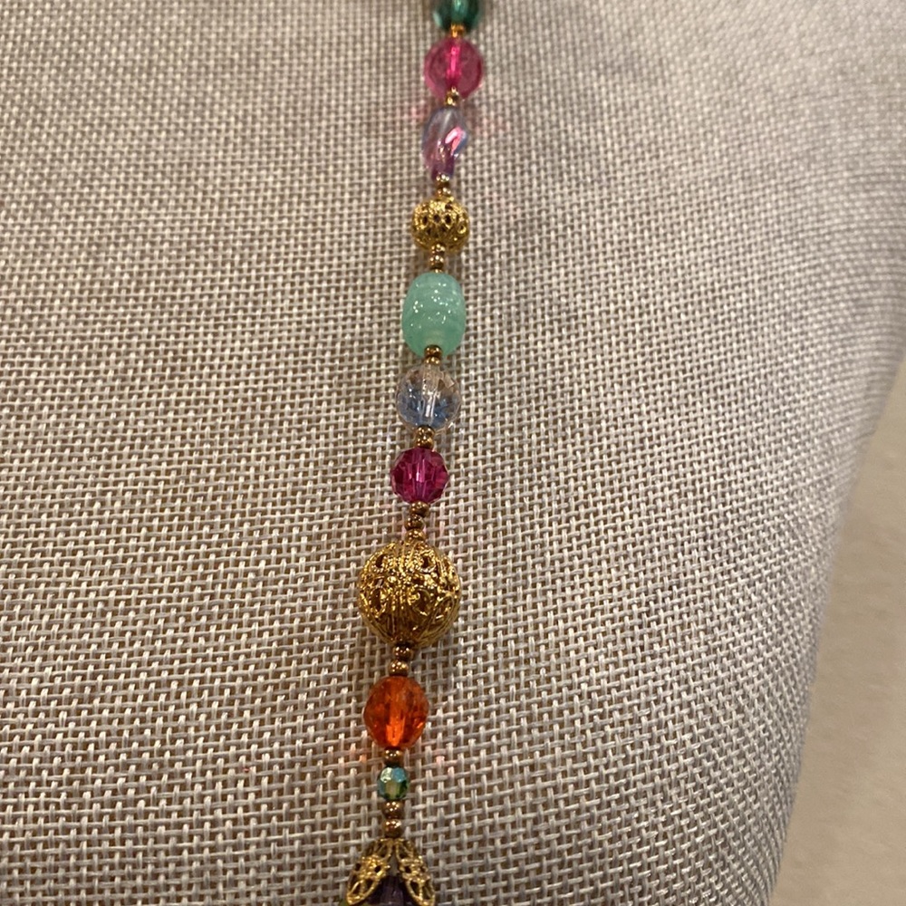 Women's long gold multi colored beads and stones necklace - Picture 4 of 8